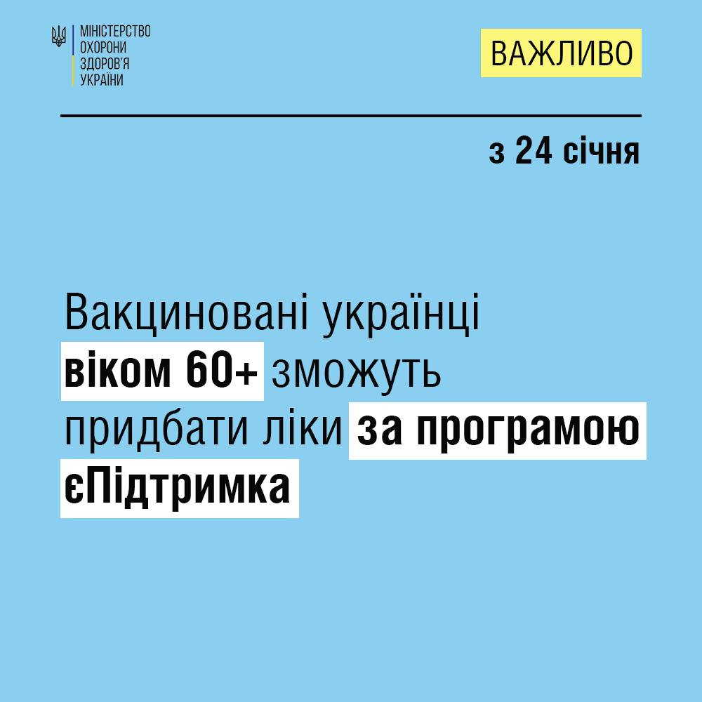 Українці віком 60+ зможуть придбати за кошти програми єПідтримка ліки в аптечних закладах та інтернет-аптеках